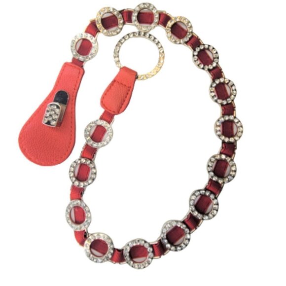 WOMENS Red Stretch Belt Bling Crystals Buckle Elasticized Band Belt - Picture 2 of 16